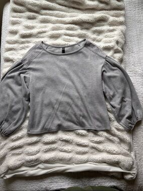Alya Gray Long Sleeve Lace-Shoulder Blouse